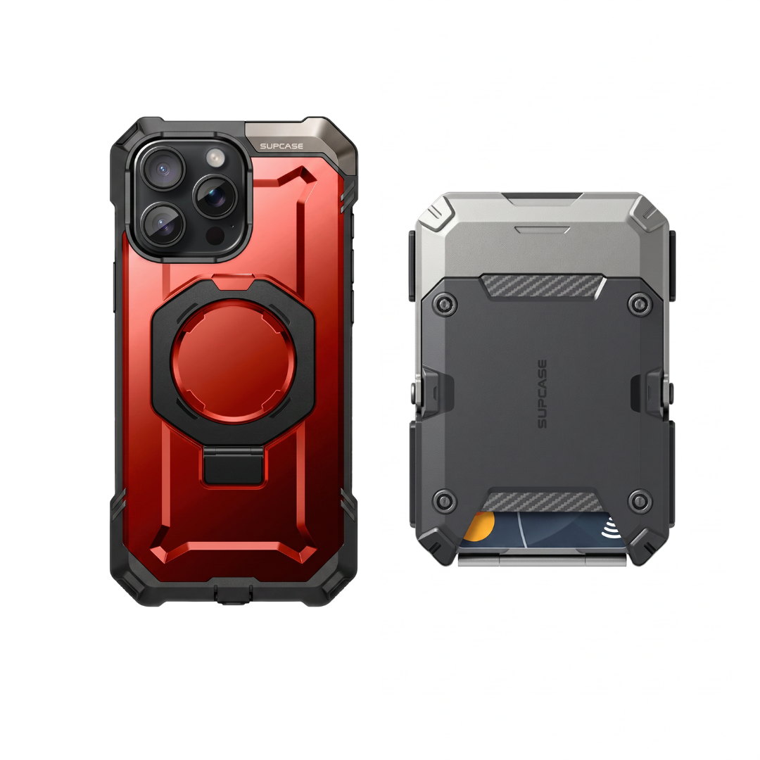 Case Rojo + Billetera Gris — Combo iPhone 16 Pro Max