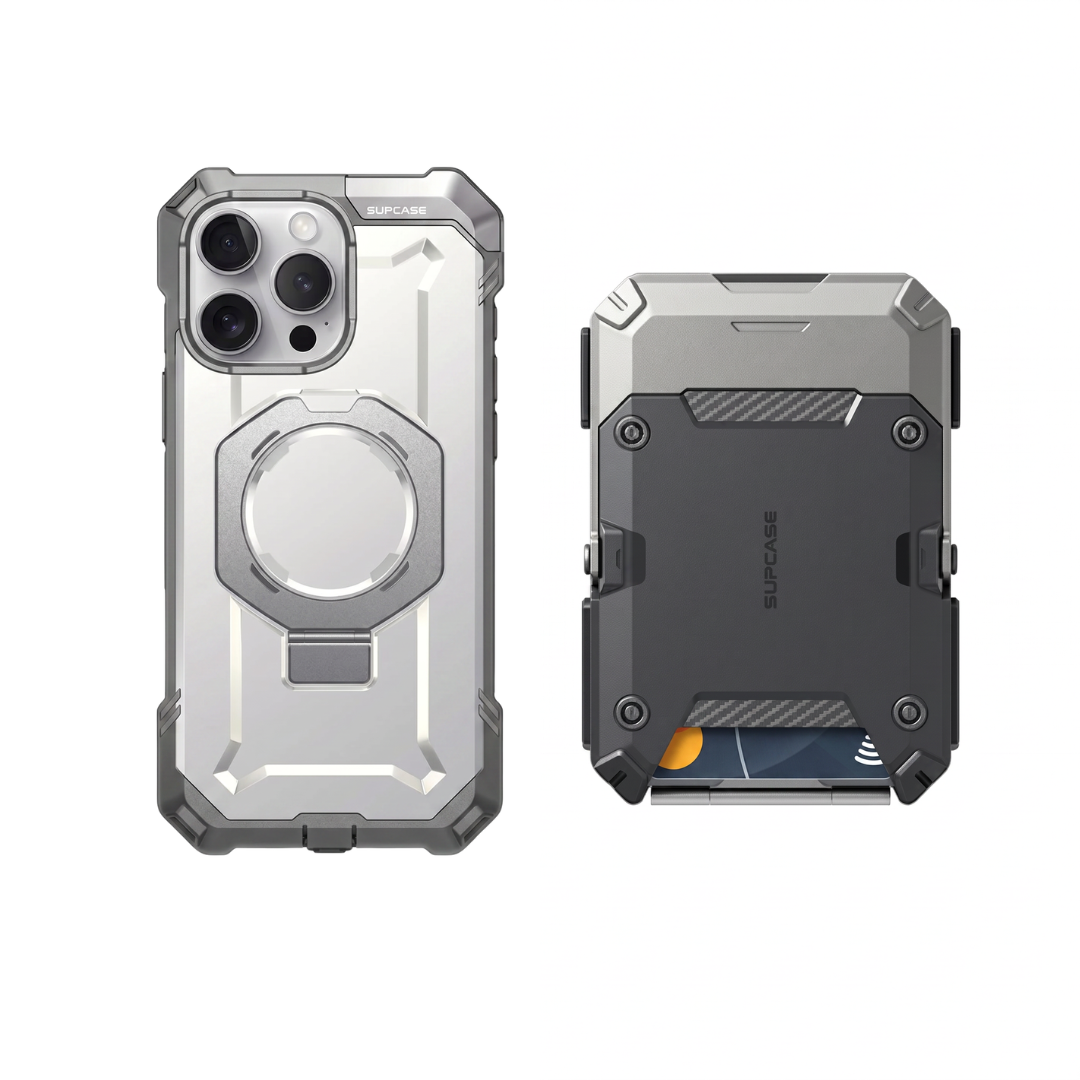 Case Blanco + Billetera Gris — Combo iPhone 16 Pro