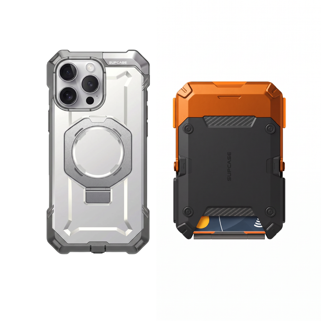 Case Blanco + Billetera Naranja — Combo iPhone 16 Pro