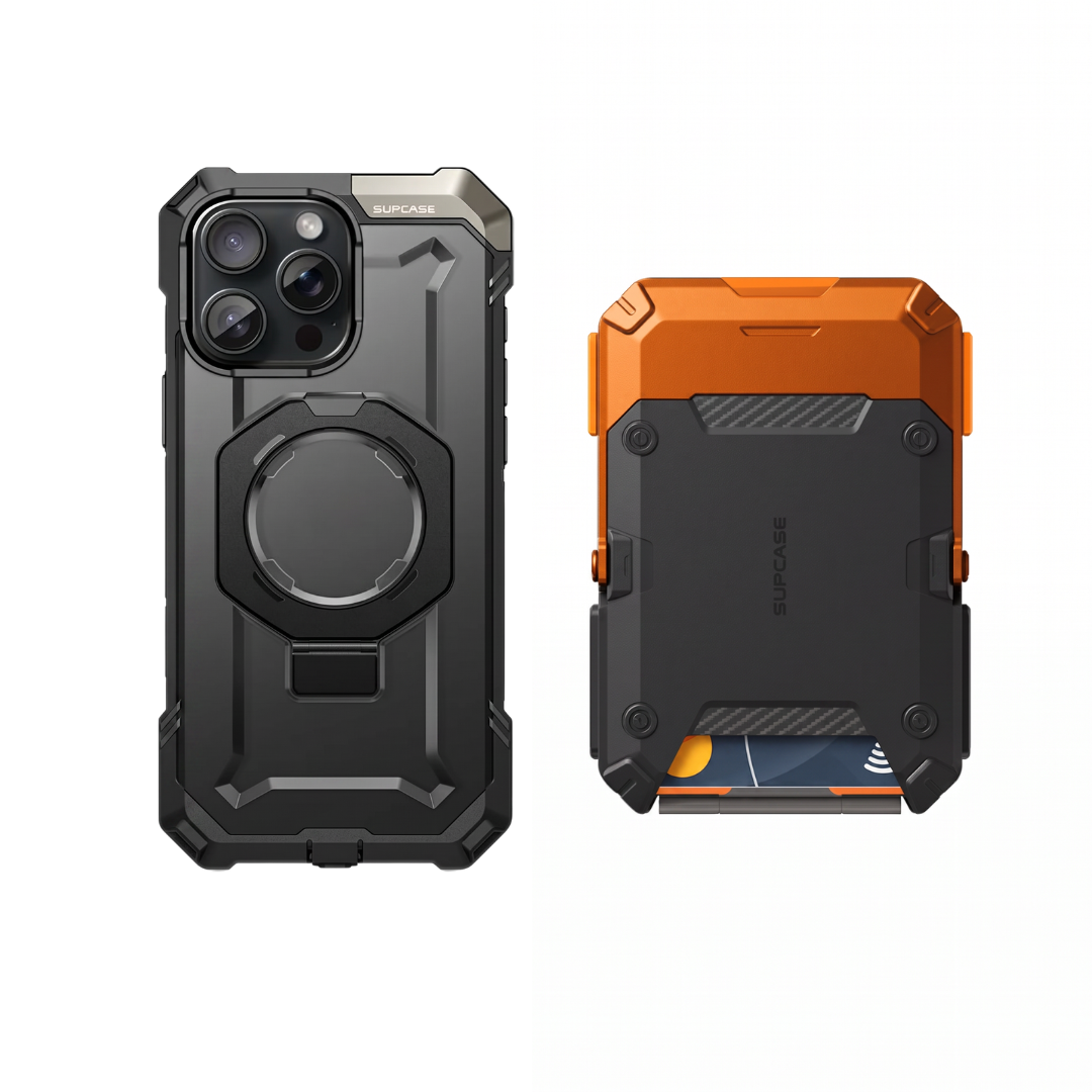 Case Negro + Billetera Naranja — Combo iPhone 16 Pro