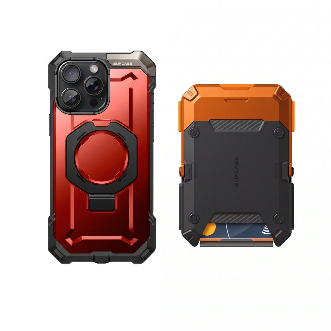 Case Rojo + Billetera Naranja — Combo iPhone 16 Pro