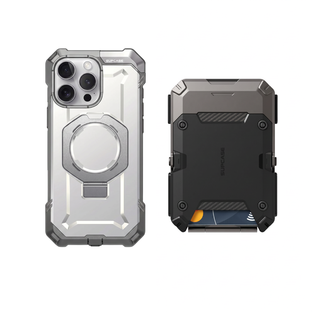 Case Blanco + Billetera Negro — Combo iPhone 16 Pro Max