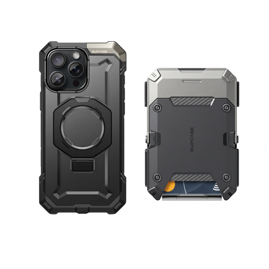 Case Negro + Billetera Gris — Combo iPhone 16 Pro Max