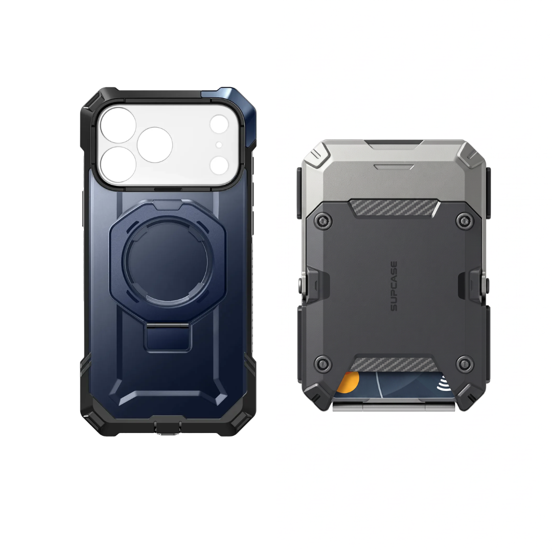 Case Azul + Billetera Gris — Combo iPhone 17 Pro