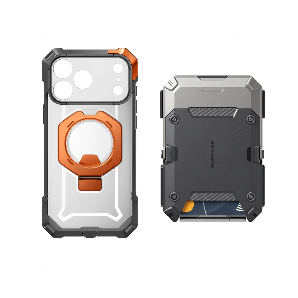 Case Naranja + Billetera Gris — Combo iPhone 17 Pro
