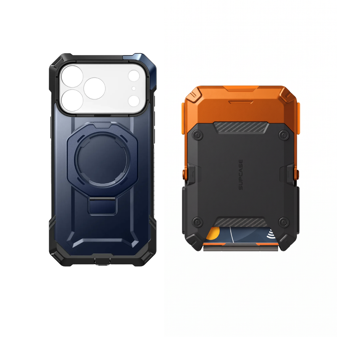 Case Azul + Billetera Naranja — Combo iPhone 17 Pro Max