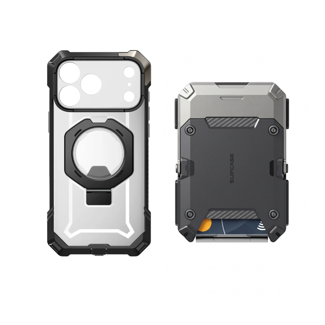 Case Negro + Billetera Gris — Combo iPhone 17 Pro Max