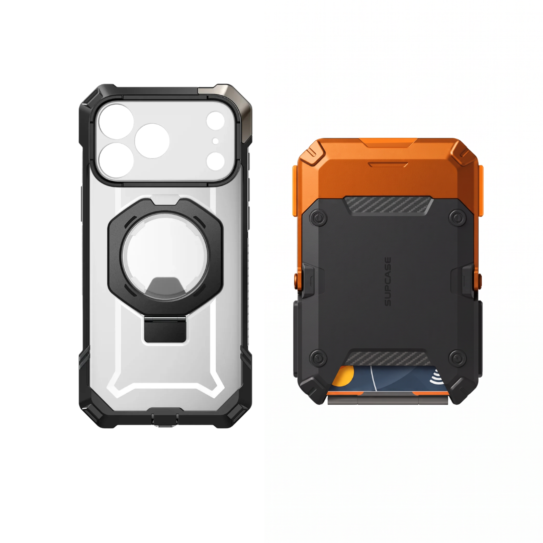 Case Negro + Billetera Naranja — Combo iPhone 17 Pro Max